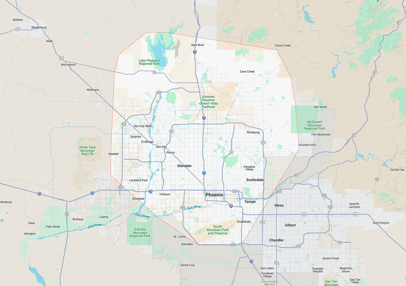 Map with phoenix service area for Good Tech Appliance Services